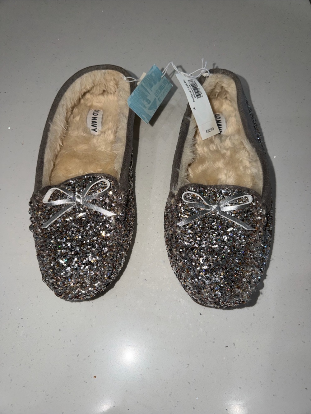 Old Navy Silver Glitter Faux-Fur Lined Slip-On Slippers